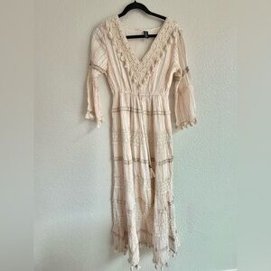 ME 2 Magic Gold/Cream Tiered Boho Maxi Dress Size small crochet Tassels